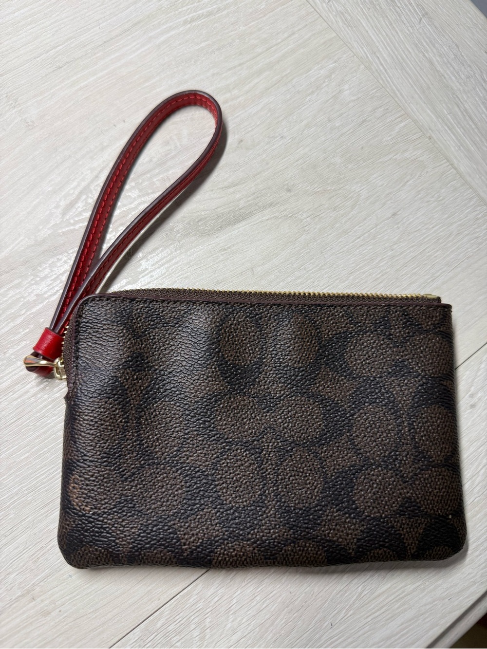 Coach Brown Signature Wristlet with Red Center Stripe - Picture 2 of 5